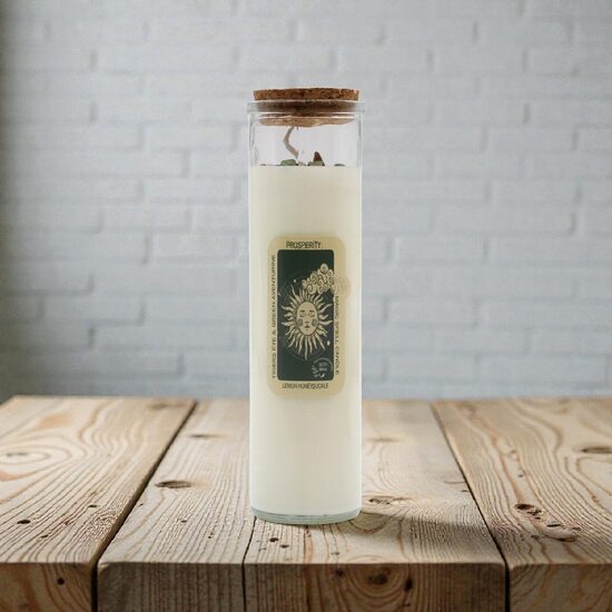 Burvju burvestību svece – Labklājība (sojas vasks ar tīģera aci un zaļo aventurīnu)